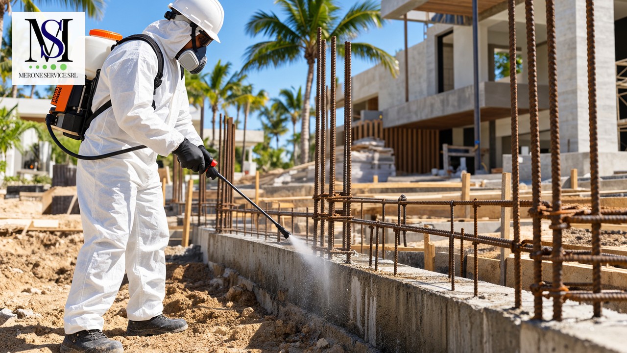 Fumigador aplicando tratamiento en una zapata de construcción
